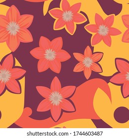 Bright seamless pattern in warm colors and shades. Pink petunia flowers on an abstract geometric background. Baby print for fabric, wallpaper or wrapping paper. Background or textile. EPS 10 vector