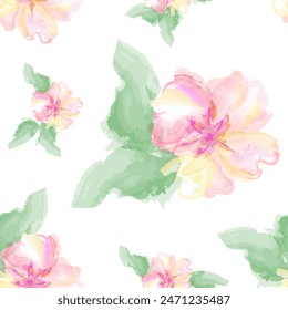 Bright seamless pattern with watercolor pink flowers and green leaves. Blooming garden in soft pastel palette. Summer artistic textile collection. For print, cover, greeting card etc. Vector.