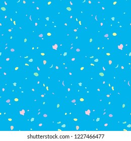 Bright seamless pattern with watercolor splashes on blue background. Hand drawn ink dots spots splatter spray vector texture. Cute festive design for fabric ditsy print, wallpaper, gift wrap, cards
