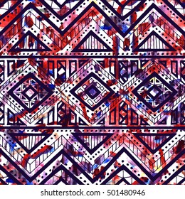 Bright seamless pattern. Watercolor texture. Ethnic and tribal motifs. Geometric ornament. Textile print. White, black, blue and red colors. Vector illustration.