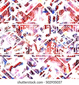 Bright seamless pattern. Watercolor texture. Ethnic and tribal motifs. Geometric ornament. Textile print. White, pink, blue and red colors. Vector illustration.
