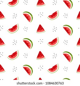 Bright seamless pattern with watermelon slices and seeds. Vector background. Colorful summer print for wallpaper, backdrop, fabric, etc.