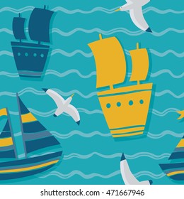 Bright seamless pattern with waves, ships, boats and seagulls. Ocean theme. Summer background