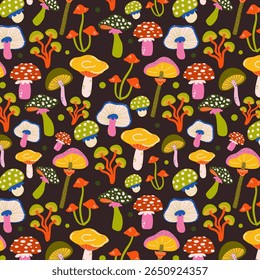 Bright seamless pattern with whimsical mushrooms in retro hippie cartoon style. Abstract psychedelic forest mushrooms background for textile, fabric, print, wrapping paper. Vector illustration