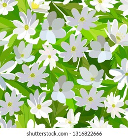 bright seamless pattern of white anemone and green leaves