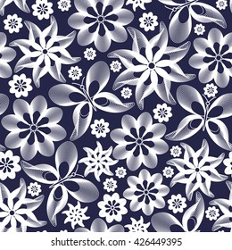 Bright seamless pattern with white butterflies and flowers on a dark blue background. Vector