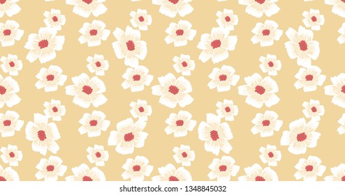 Bright seamless pattern of white flowers on yellow background.