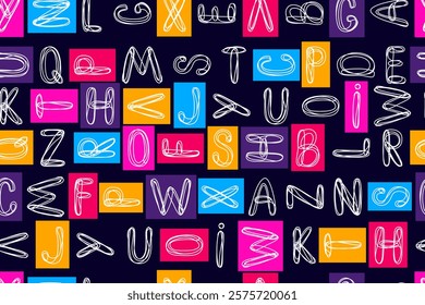 Bright seamless pattern of white letters of the English alphabet and neon acid squares on dark background. Set of lineart letters. Children, youth, hipster print.