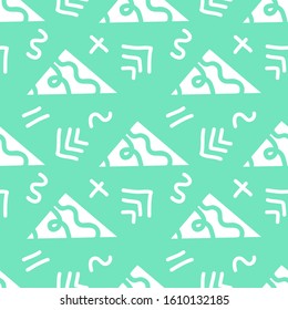 Bright seamless pattern, white and sea color . Doodle elements, Abstract and geometric shapes, triangles, zigzags, stripes. Hand drawn vector background