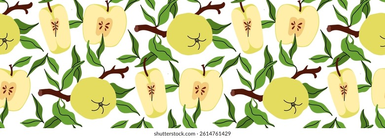 Bright seamless pattern with whole and cut green apples, leaves and branches. Spring garden background. Perfect for textile, menu, packaging, kitchen design. Flat vector illustration.