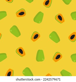 Bright seamless pattern with whole and half papaya fruit in vector on yellow background