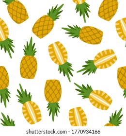 Bright seamless pattern - whole and halves pineapples. Simple and stylish illustration for packaging, cards, design. Cute yellow fruits in flat style.