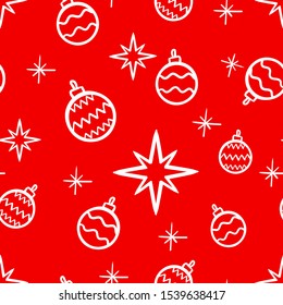 Bright seamless pattern for winter holiday, New Year's toys, snowflakes and stars. Holiday concept. Suitable for gift paper, decoration, printing on fabric, decor, scrapbook. Vector illustration.