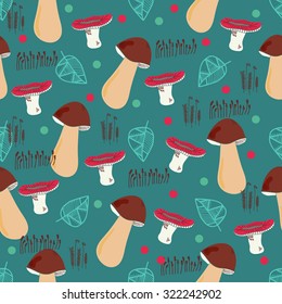 Bright seamless pattern wit mushrooms, leaves and moss. Vector illustration for textile design, wallpaper, wrap paper and etc.