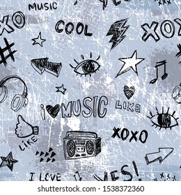 Bright seamless pattern with words and hand drawing elements. Texture background. Wallpaper for teenager. Fashion style