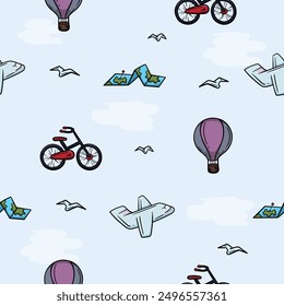 Bright seamless pattern for wrapping paper with balloon, airplane, bicycle and map. Simple vector background with repeating elements. Illustration related to vacation, travel, sea and tours