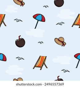 Bright seamless pattern for wrapping paper with beach attributes, umbrella, coconut, chair and hat. Simple background with repeating elements. Illustration related to vacation, travel, sea and tours