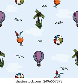 Bright seamless pattern for wrapping paper with beach attributes, balloon, palm tree, ball and cocktail. Simple vector background with repeating elements. Illustration related to vacation, travel, sea