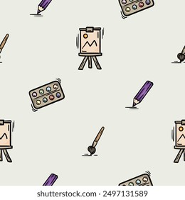Bright seamless pattern for wrapping paper with brush, paint, easel and pencil icons. Simple vector background with repeating elements. Illustration related to creativity, drawing, school and learning