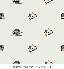 Helles, nahtloses Muster zum Verpacken von Papier mit Symbolen von Büchern, Lehrbüchern und Notizbüchern. Einfacher Vektorhintergrund mit sich wiederholenden Elementen. Illustration im Zusammenhang mit Schule, Lernen, Kindheit, Herbst