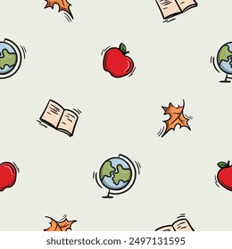 Helles, nahtloses Muster zum Verpacken von Papier mit Ikonen aus Apfel, Herbstblatt, Notizbuch und Globus. Einfacher Vektorhintergrund mit sich wiederholenden Elementen. Illustration zu Schule, Lernen und Herbst