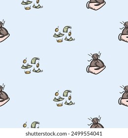 Bright seamless pattern for wrapping paper with palm icons with a bag of money and flying bills and coins. Simple vector background with repeating elements. Illustration related to business, finance