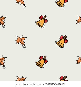 Bright seamless pattern for wrapping paper with autumn leaf and bell icons. Simple vector background with repeating elements. Illustration related to autumn, school, learning