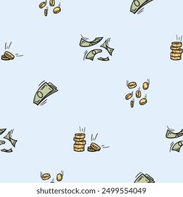 Bright seamless pattern for wrapping paper with icons of paper money, flying bills, coins and gold. Simple vector background with repeating elements. Illustration related to business, finance, wealth