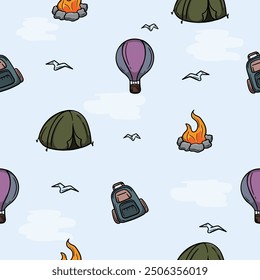 Bright seamless pattern for wrapping paper with travel attributes, hot air balloon, backpack, tent and bonfire. Simple vector backgrounds. Illustration related to, camping, hiking, vacation, travel