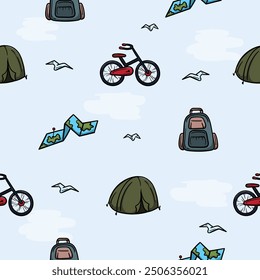 Bright seamless pattern for wrapping paper with travel attributes, bicycle, backpack, tent, map. Vector background with repeating elements. Illustration related to, camping, hiking, vacation, travel