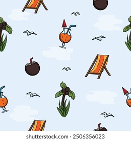 Bright seamless pattern for wrapping paper with beach attributes, chair, cocktail, coconut, palm tree. Vector background with repeating elements. Illustration related to vacation, travel, sea, tours