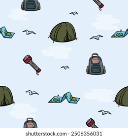 Bright seamless pattern for wrapping paper with travel attributes, tent, flashlight, map, backpack. Vector background with repeating elements. Illustration related to camping, hiking, vacation, travel