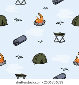 Bright seamless pattern for wrapping paper with tourist attributes, tent, camp mat, travel stool and campfire. Simple vector background. Illustration related to, camping, hiking, vacation, travel