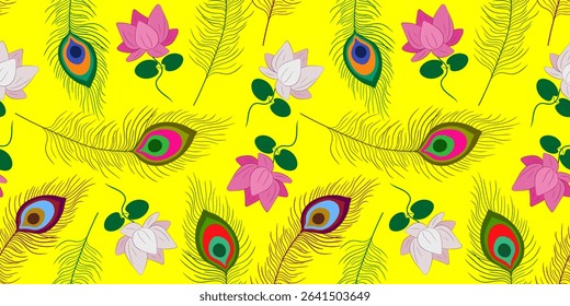 bright seamless pattern yellow background peacock feathers lotus flowers vibrant krishna janmashtami print traditional hindu design textiles decor colorful