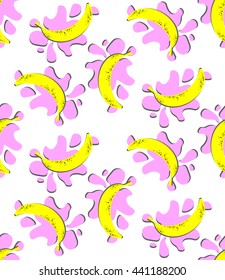 Bright seamless pattern, yellow bananas and pink blots on a white background, flat modern style, memphis style 80s, 90s, webpunk, print for fabric, wallpaper, curtains, posters, vector EPS8