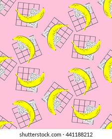 Bright seamless pattern, yellow bananas and abstract shapes on a pink background, flat modern style, memphis style 80s, 90s, webpunk,  print for fabric, wallpaper, curtains, posters, vector EPS8