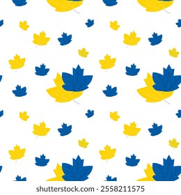 Bright seamless pattern with yellow and blue autumn leaves in doodle style