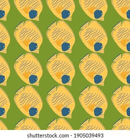 Bright seamless pattern with bright yellow butterfly fish print. Green background. Tropic animal print. Decorative backdrop for fabric design, textile print, wrapping, cover. Vector illustration.