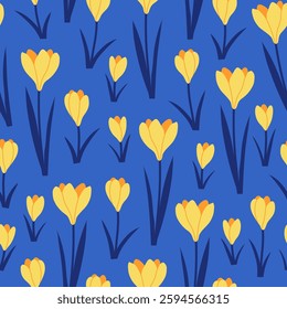 Bright seamless pattern with yellow crocuses on a blue background. Hand drawn vector illustration for wrapping paper, textile, fabric.