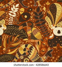 Bright seamless pattern. Yellow floral background. Tropical  wallpaper with animals