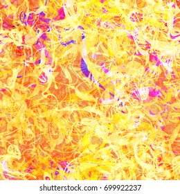 Bright Seamless pattern. Yellow, orange colors with purple and white inclusion. Abstract vector background for web page, banners, fabric, home decor, wrapping