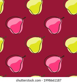 Patrón luminoso sin fisuras con la impresión de siluetas de pera simple amarilla y rosa. El telón de fondo de la comida de verano. Diseñado para el diseño de tejidos, impresión textil, envoltura, cubierta. Ilustración vectorial.