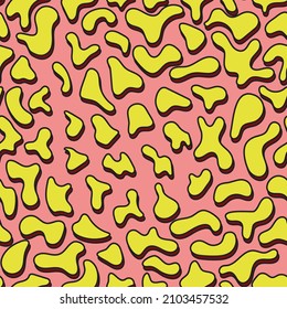Bright seamless pattern. Yellow spots of abstract shape on a bright pink background. It resembles a cheetah. Vector illustration.