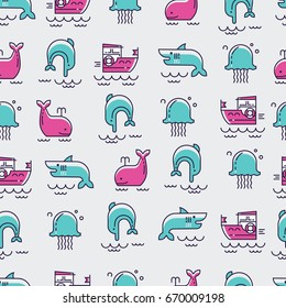 Bright seamless patterns with marine life.