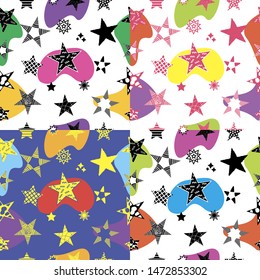Bright seamless patterns set  with colorful stars different forms. Spotted, striped, fluffy, hand drawn, cosmos, dotted, with simple ornament. Cute abstract vector stars on white and lilac background.