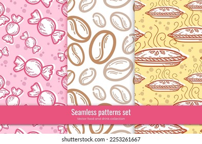Bright seamless patterns set of many sweets, large coffee beans, freshly baked fragrant pie. Food and drink signs. Decorative art elements for banner layout design. Culinary blog. Contour linear print