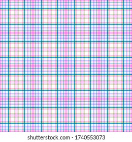 Bright seamless pinstripe checkered pattern. Stripes of azure, pink and yellow colors, white background. Great for decorating fabrics, textiles, gift wrapping, printed matter, interiors, advertising.