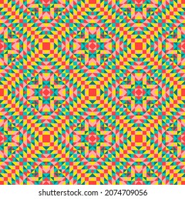 Bright seamless pixel pattern in Mexican style. Vivid tribal geometric triangles and squares ornament. Aztec rug background.