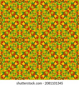 Bright seamless pixel pattern in Mexican style. Vivid tribal geometric triangles and squares ornament. Aztec rug background.