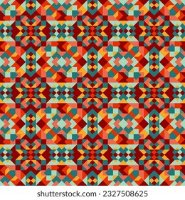 Bright seamless pixel pattern in Mexican style. Vivid tribal geometric triangles and squares ornament. Aztec rug background.